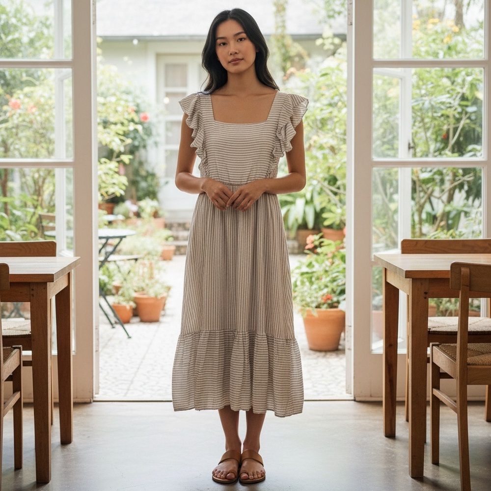 SHEIN Cream and Gray Striped Midi Dress